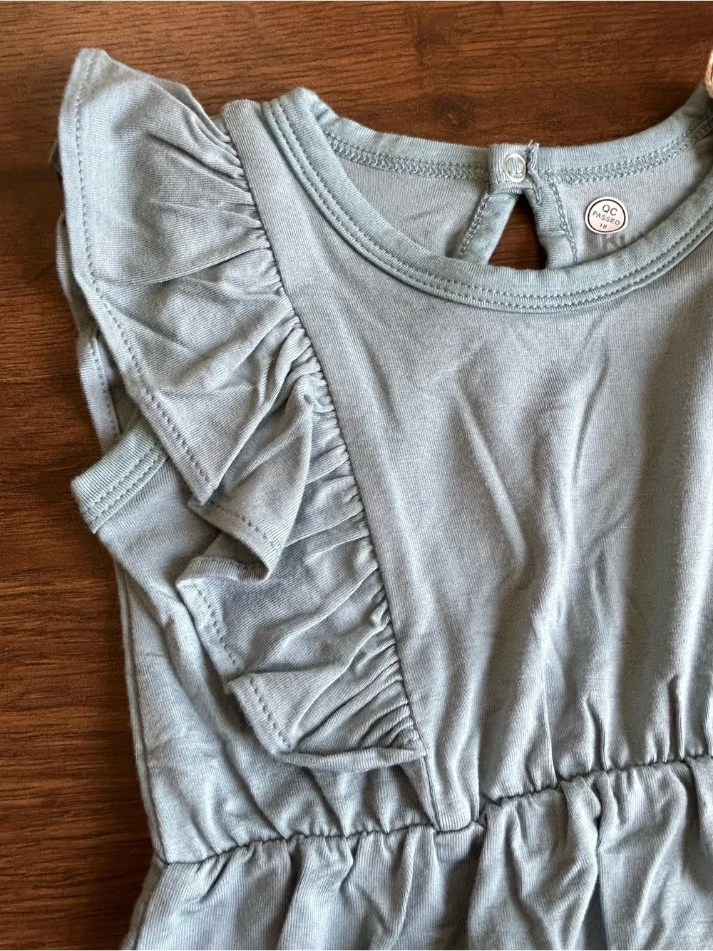 Kyte Short Sleeve Bubble Romper with Ruffles in Dusty Blue 6-12m
